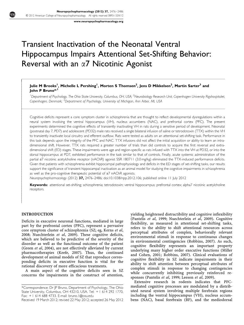 Transient Inactivation of the Neonatal Ventral Hippocampus Impairs Attentional Set-Shifting Behavior: Reversal with an A7 Nicotinic Agonist