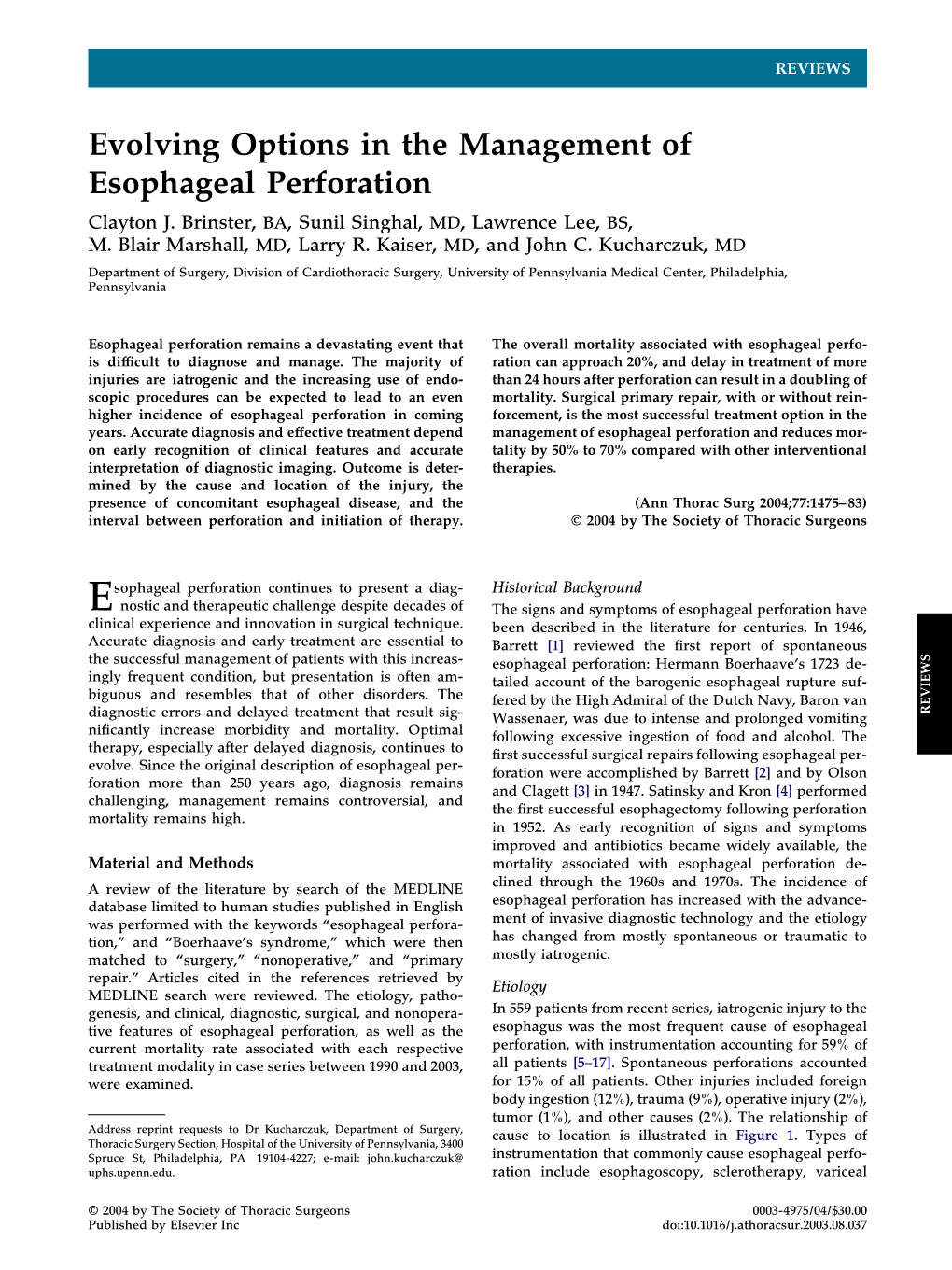 Evolving Options in the Management of Esophageal Perforation Clayton J