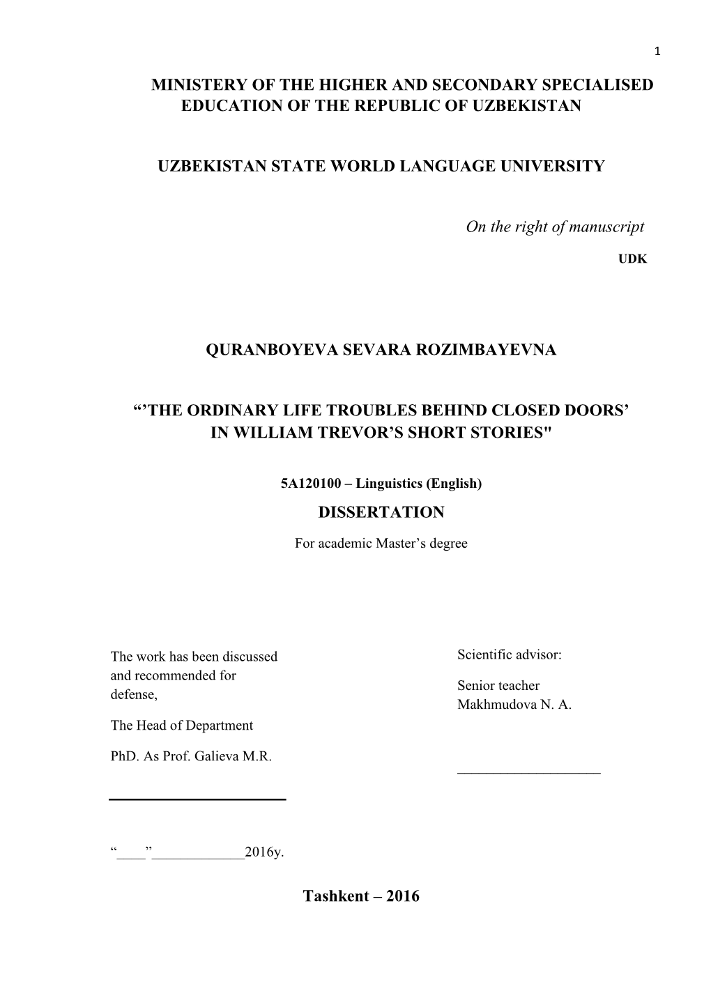 Ministery of the Higher and Secondary Specialised Education of the Republic of Uzbekistan