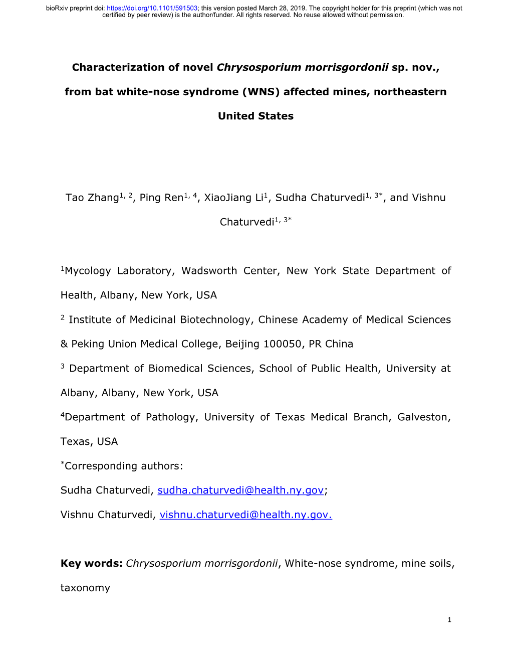 Characterization of Novel Chrysosporium Morrisgordonii Sp. Nov., from Bat White-Nose Syndrome