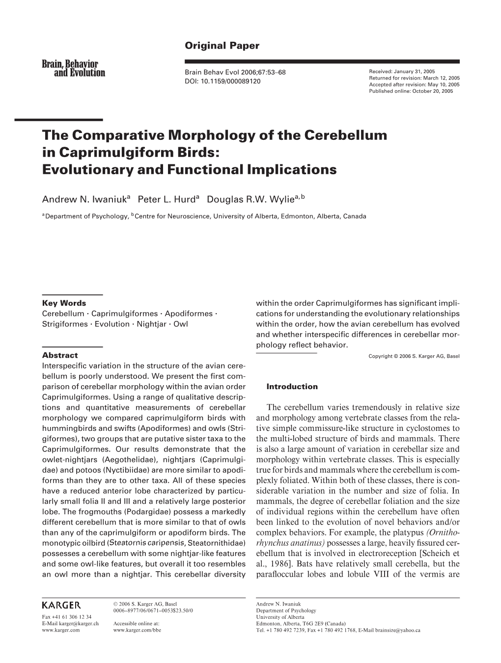 The Comparative Morphology of the Cerebellum in Caprimulgiform Birds: Evolutionary and Functional Implications