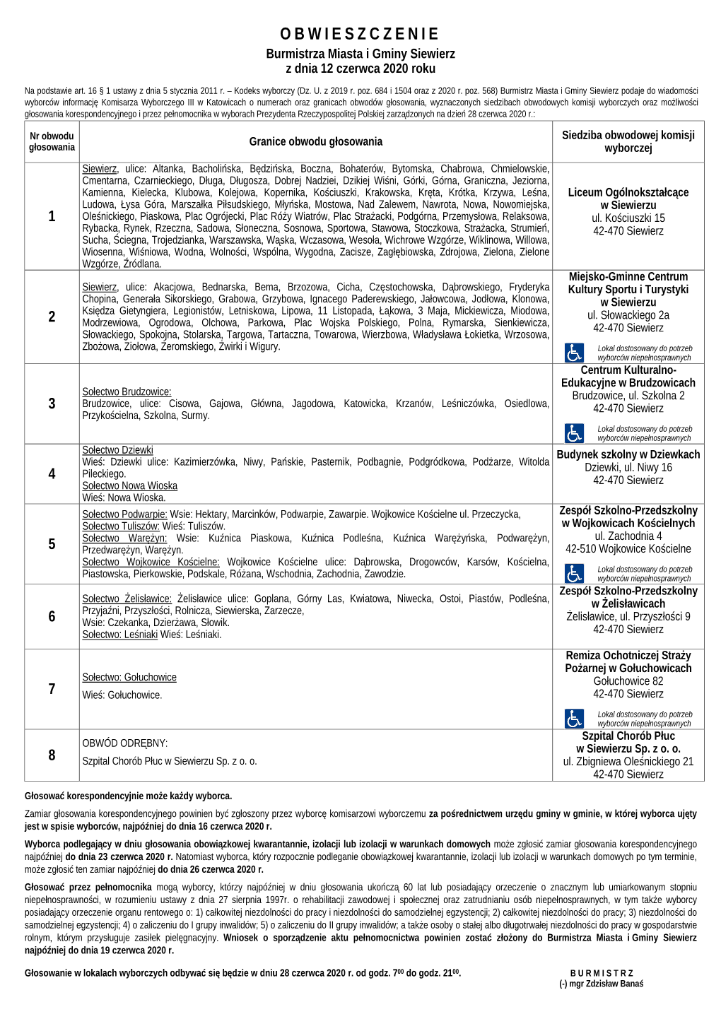 OBWIESZCZENIE Burmistrza Miasta I Gminy Siewierz Z Dnia 12 Czerwca 2020 Roku