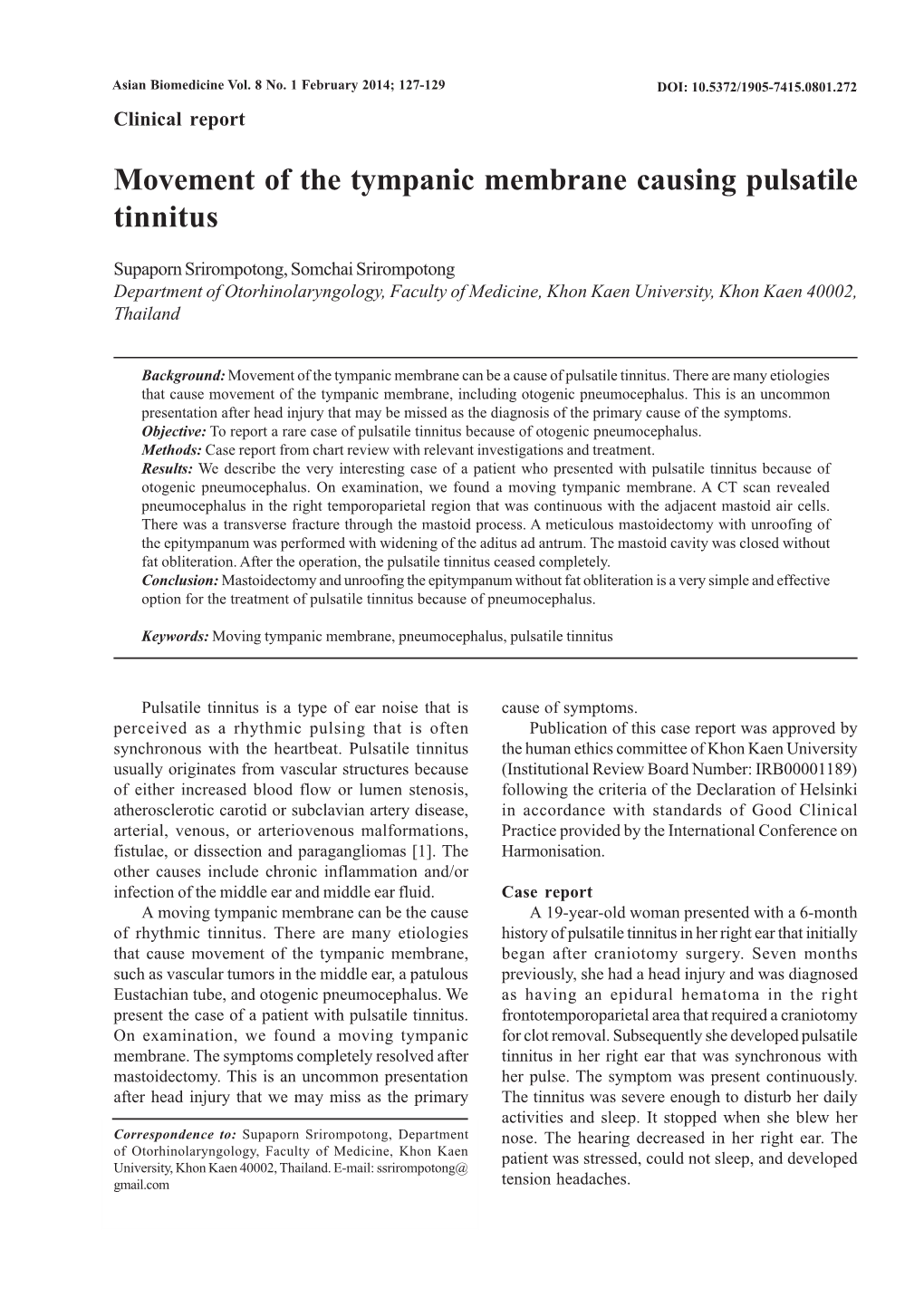 Movement of the Tympanic Membrane Causing Pulsatile Tinnitus