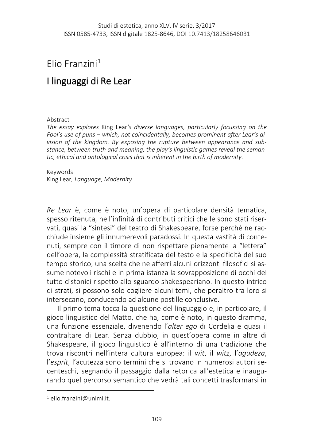 Elio Franzini1 I Linguaggi Di Re Lear