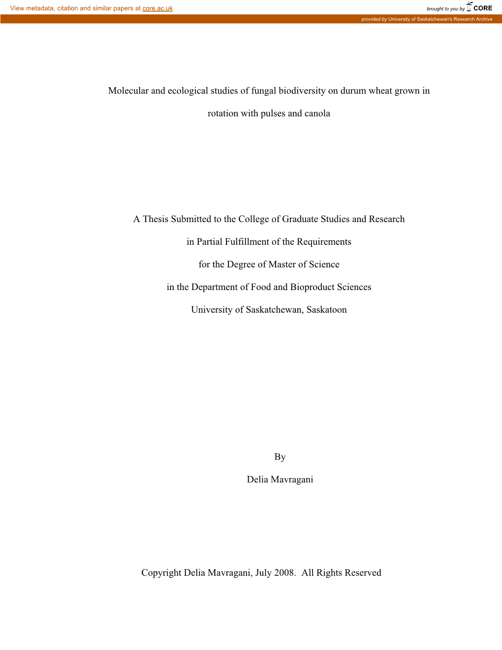 Molecular and Ecological Studies of Fungal Biodiversity on Durum Wheat Grown In