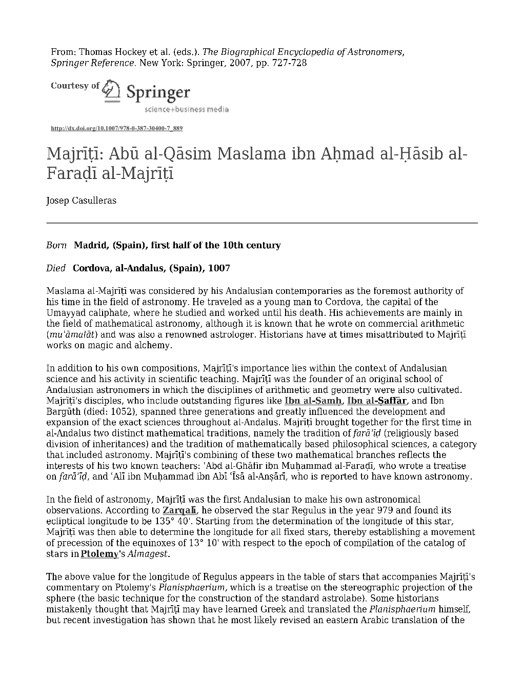 Majrīṭī: Abū Al‐Qāsim Maslama Ibn Aḥmad Al‐Ḥāsib Al‐ Faraḍī Al‐Majrīṭī