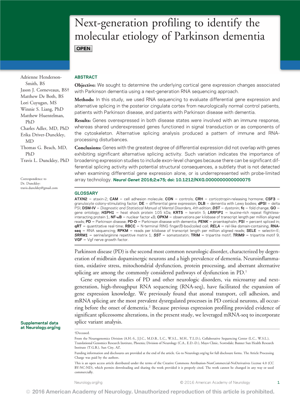 Next-Generation Profiling to Identify the Molecular Etiology of Parkinson Dementia