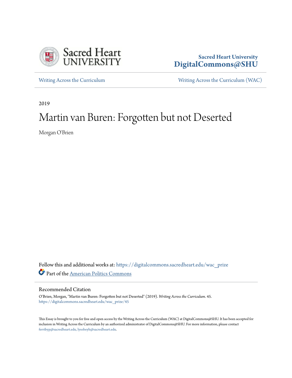 Martin Van Buren: Forgotten but Not Deserted Morgan O'brien