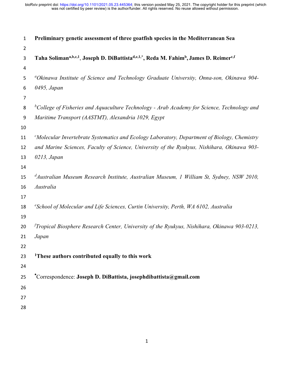 Preliminary Genetic Assessment of Three Goatfish Species in the Mediterranean Sea 2 3 Taha Solimana,B,C,1, Joseph D