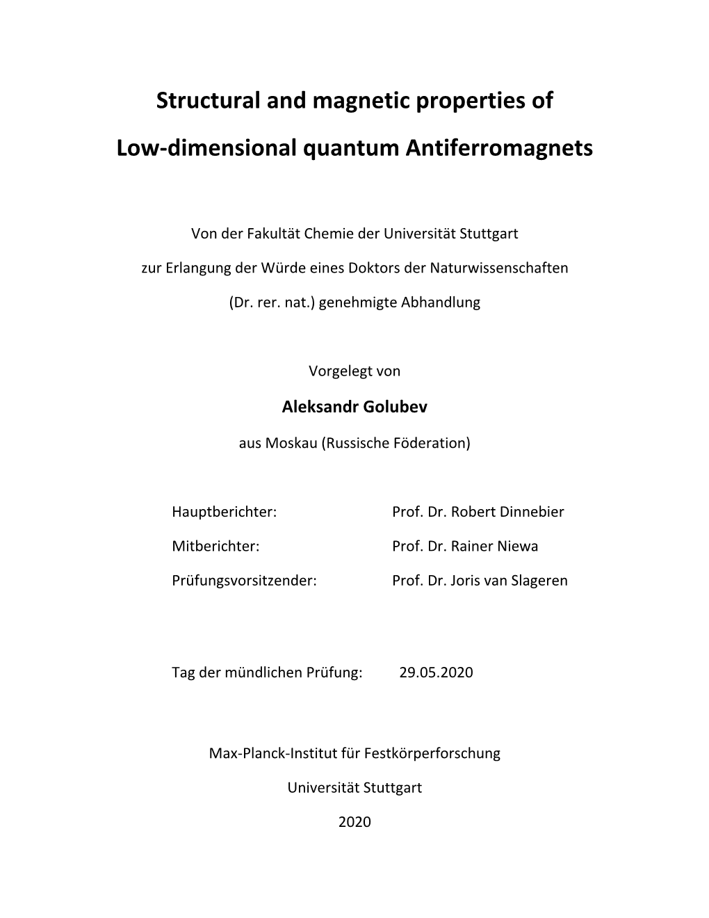 Structural and Magnetic Properties of Low-Dimensional Quantum Antiferromagnets