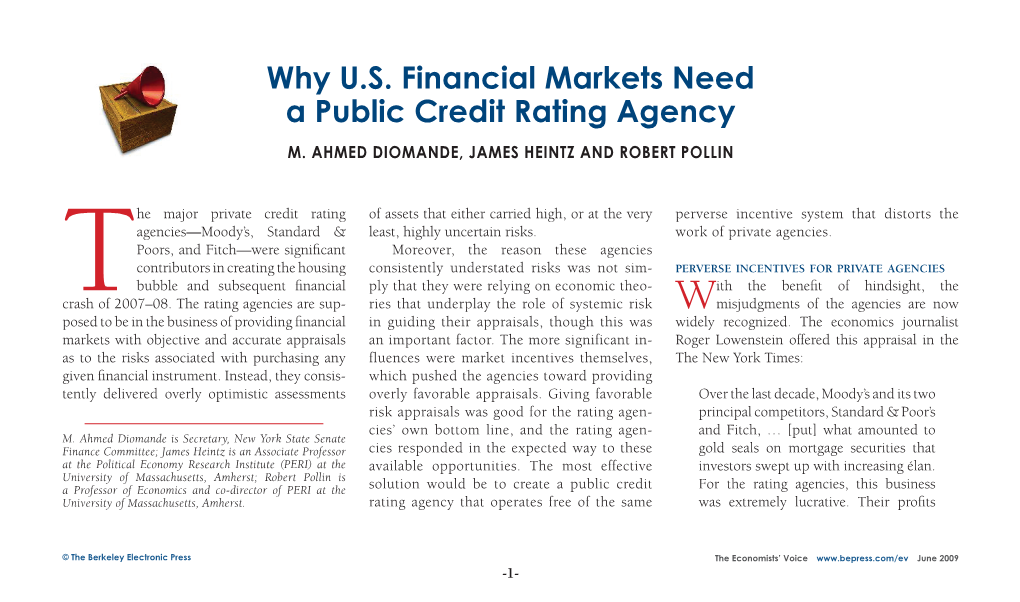 Why U.S. Financial Markets Need a Public Credit Rating Agency M