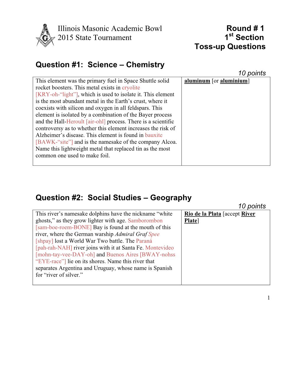 Illinois Masonic Academic Bowl Round # 1 2015 State Tournament 1St Section Toss-Up Questions