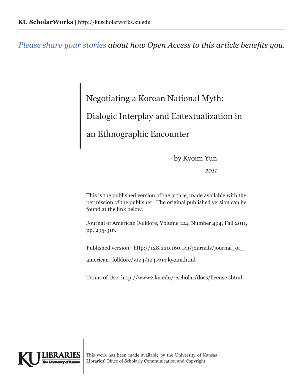 Negotiating a Korean National Myth: Dialogic Interplay and Entextualization in an Ethnographic Encounter