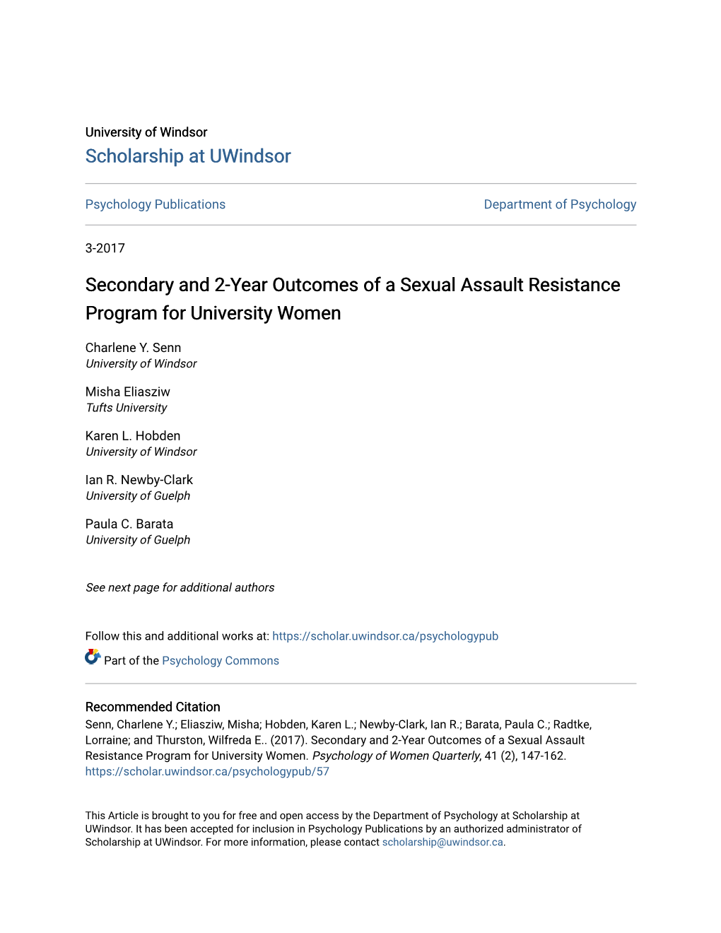 Secondary and 2-Year Outcomes of a Sexual Assault Resistance Program for University Women