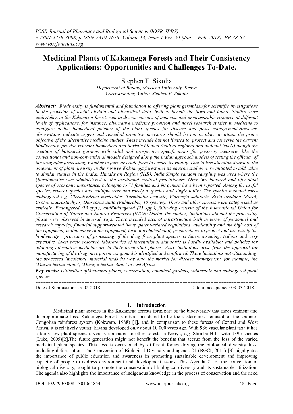 Medicinal Plants of Kakamega Forests and Their Consistency Applications: Opportunities and Challenges To-Date