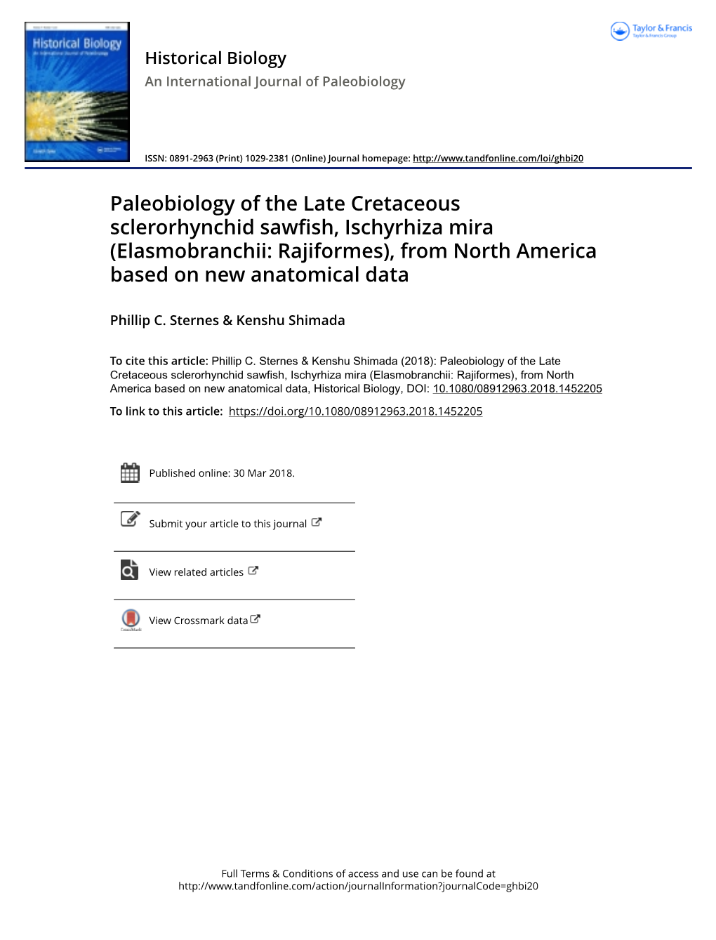 Paleobiology of the Late Cretaceous Sclerorhynchid Sawfish, Ischyrhiza Mira (Elasmobranchii: Rajiformes), from North America Based on New Anatomical Data