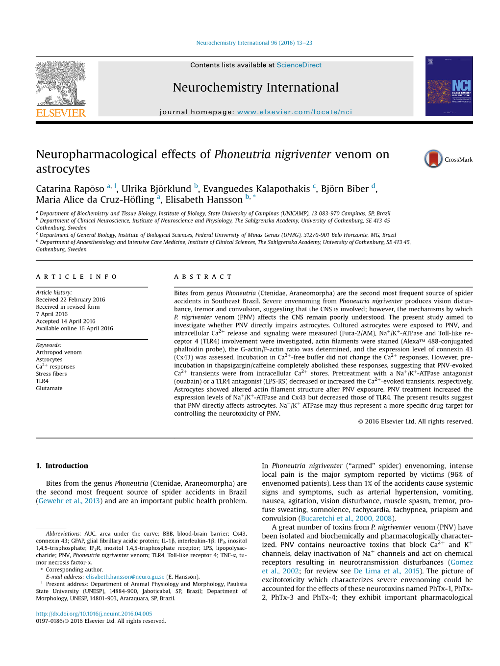 Neuropharmacological Effects of Phoneutria Nigriventer Venom on Astrocytes