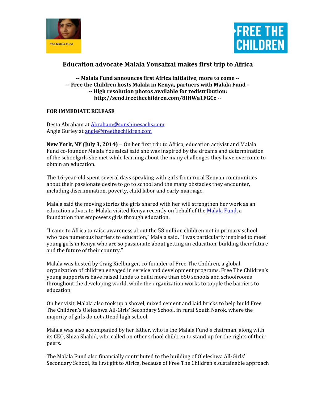 FINAL Malala Trip to Kenya Press Release July 3, 2014