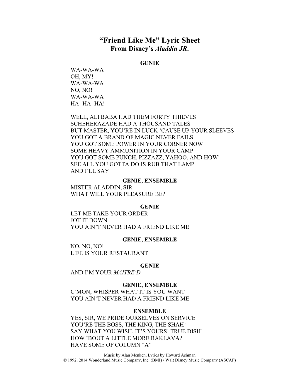 “Friend Like Me” Lyric Sheet from Disney’S Aladdin JR