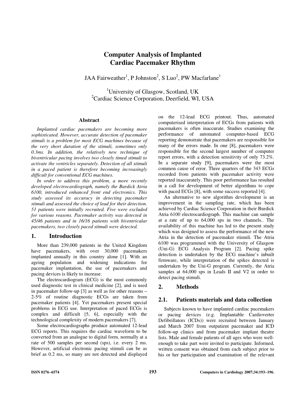 Computer Analysis of Implanted Cardiac Pacemaker Rhythm