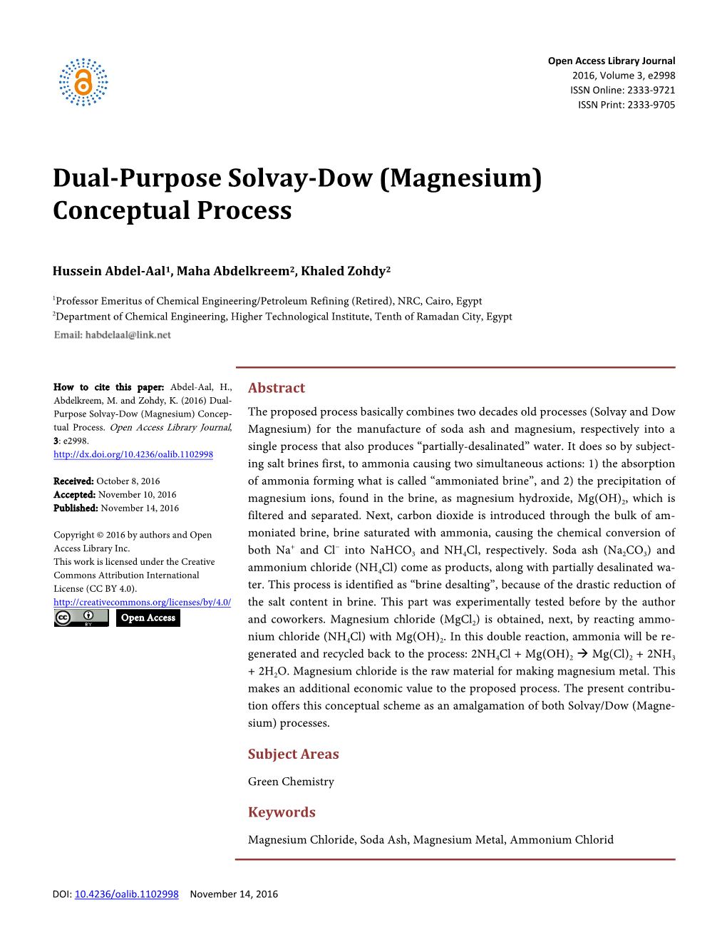 Dual-Purpose Solvay-Dow (Magnesium) Conceptual Process