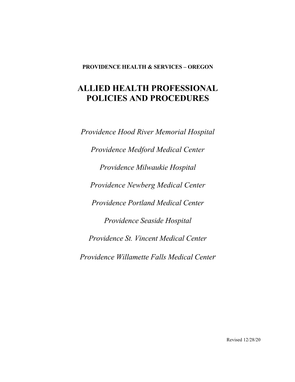 Allied Health Professional Policies and Procedures