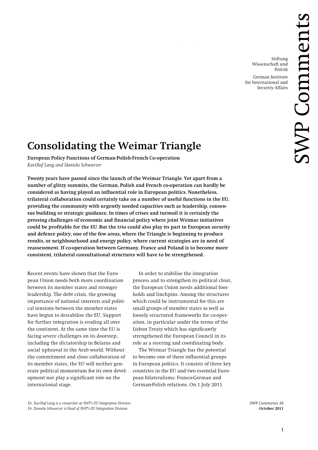 Consolidating the Weimar Triangle European Policy Functions of German-Polish-French Co-Operation