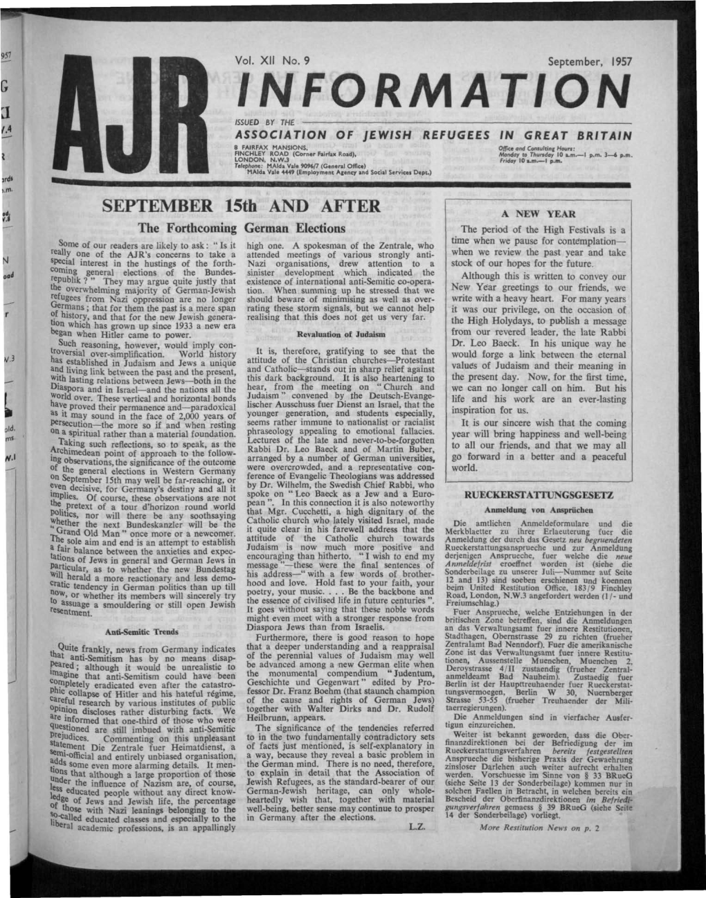 Information Issued by the Association of Jewish Refugees in Great Britain 8 Fairfax Mansions