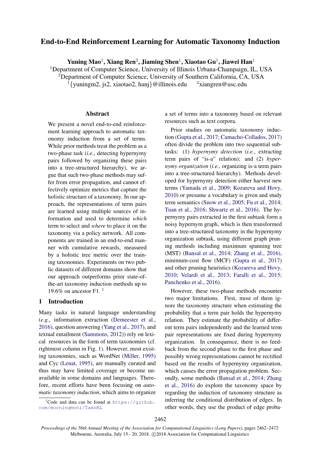 End-To-End Reinforcement Learning for Automatic Taxonomy Induction