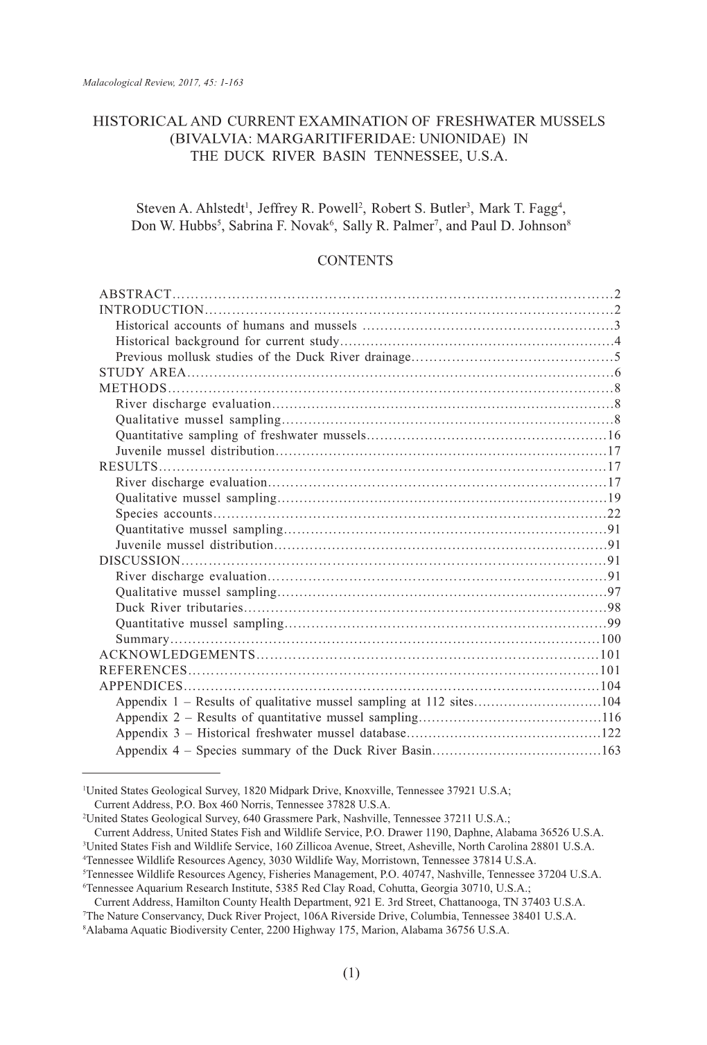 Historical and Current Examination of Freshwater Mussels (Bivalvia: Margaritiferidae: Unionidae) in the Duck River Basin Tennessee, U.S.A