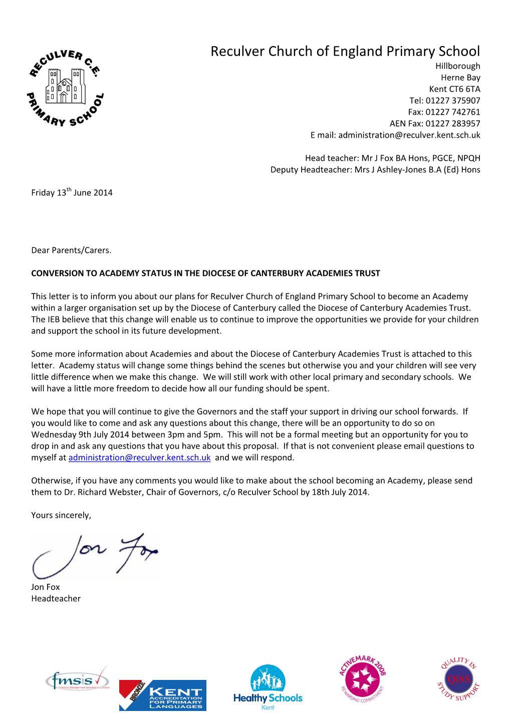 Letter to Parents Re Academy Status