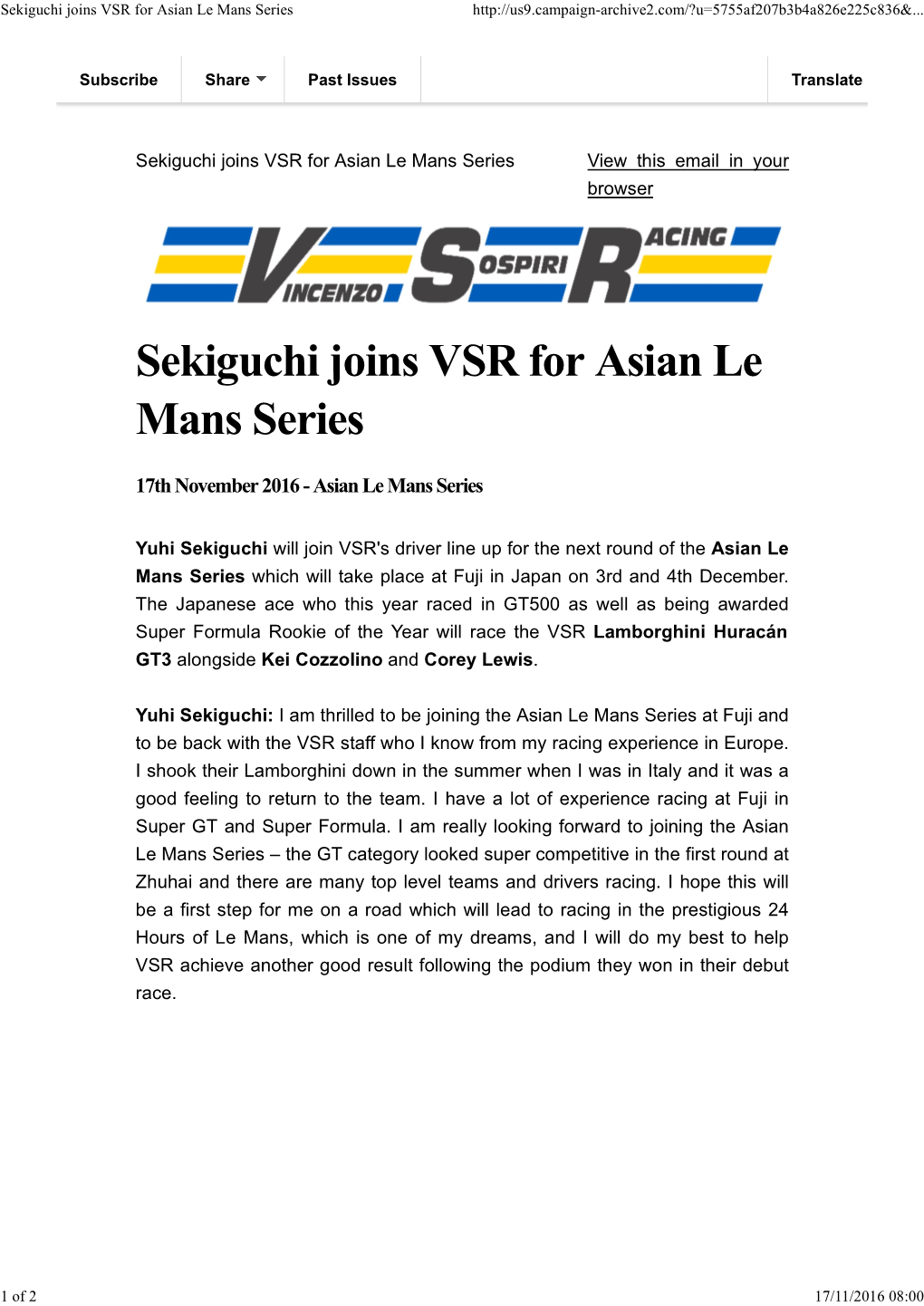 Sekiguchi Joins VSR for Asian Le Mans Series