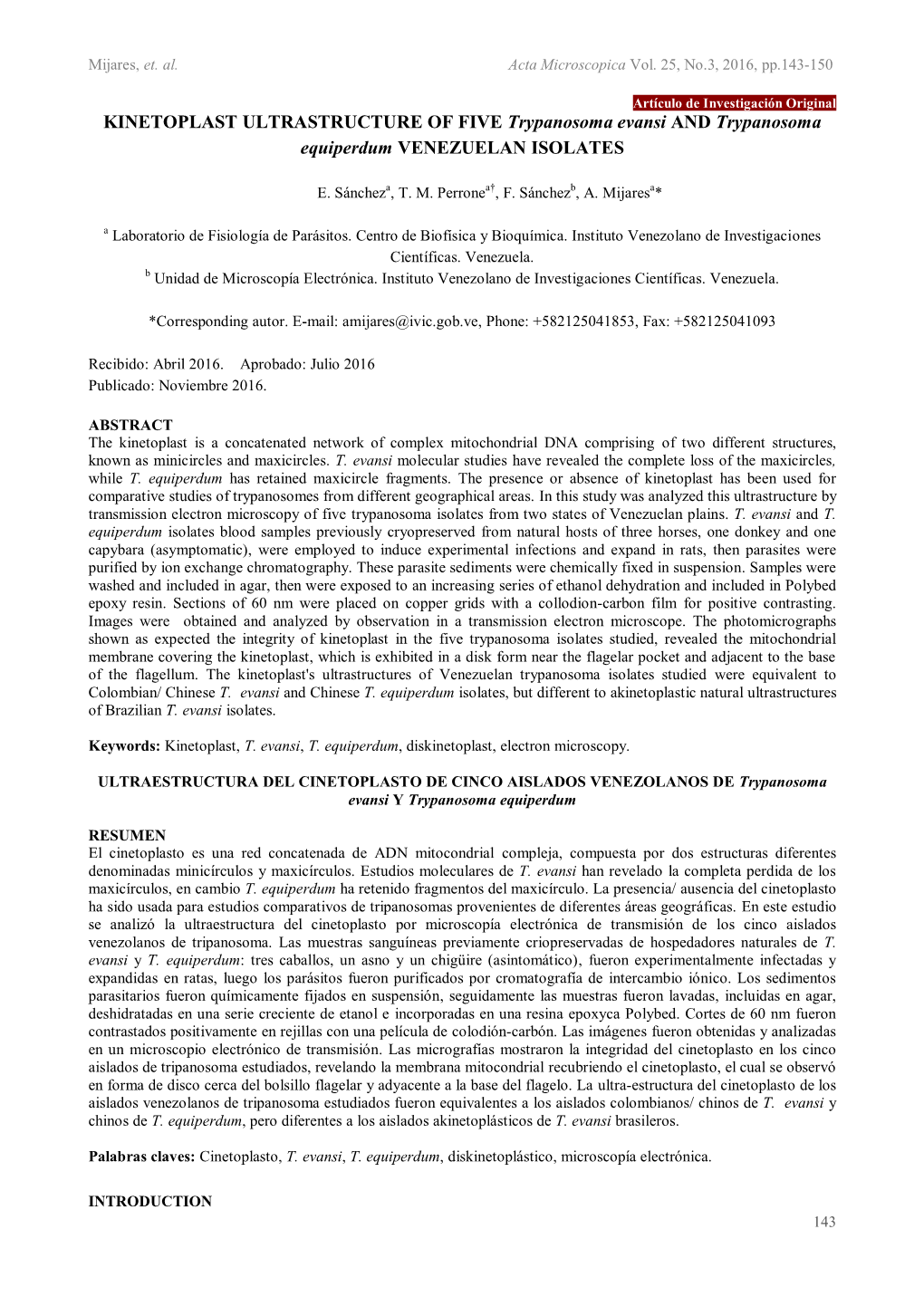 KINETOPLAST ULTRASTRUCTURE of FIVE Trypanosoma Evansi and Trypanosoma Equiperdum VENEZUELAN ISOLATES