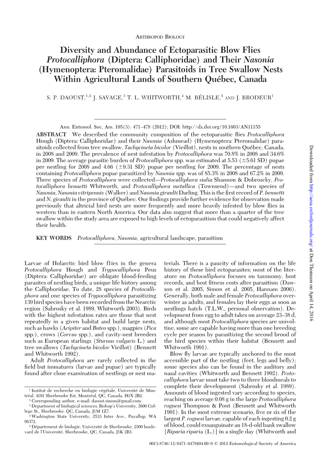 Diversity and Abundance of Ectoparasitic Blow Flies Protocalliphora (Diptera: Calliphoridae) and Their Nasonia (Hymenoptera