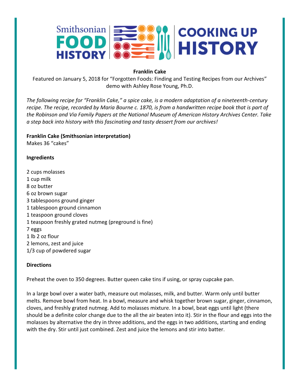 Franklin Cake Featured on January 5, 2018 for “Forgotten Foods: Finding and Testing Recipes from Our Archives” Demo with Ashley Rose Young, Ph.D