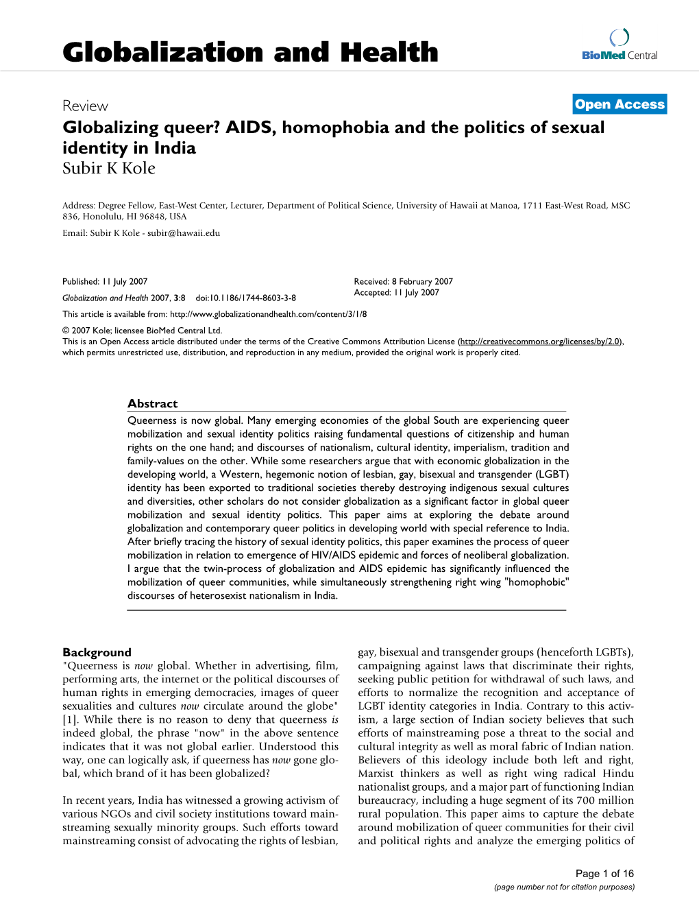 AIDS, Homophobia and the Politics of Sexual Identity in India Subir K Kole