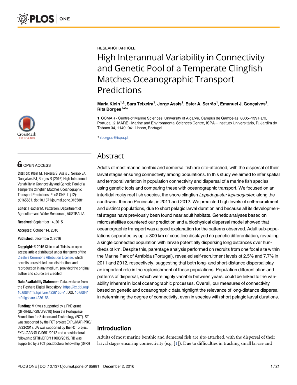 High Interannual Variability in Connectivity and Genetic Pool of a Temperate Clingfish Matches Oceanographic Transport Predictions