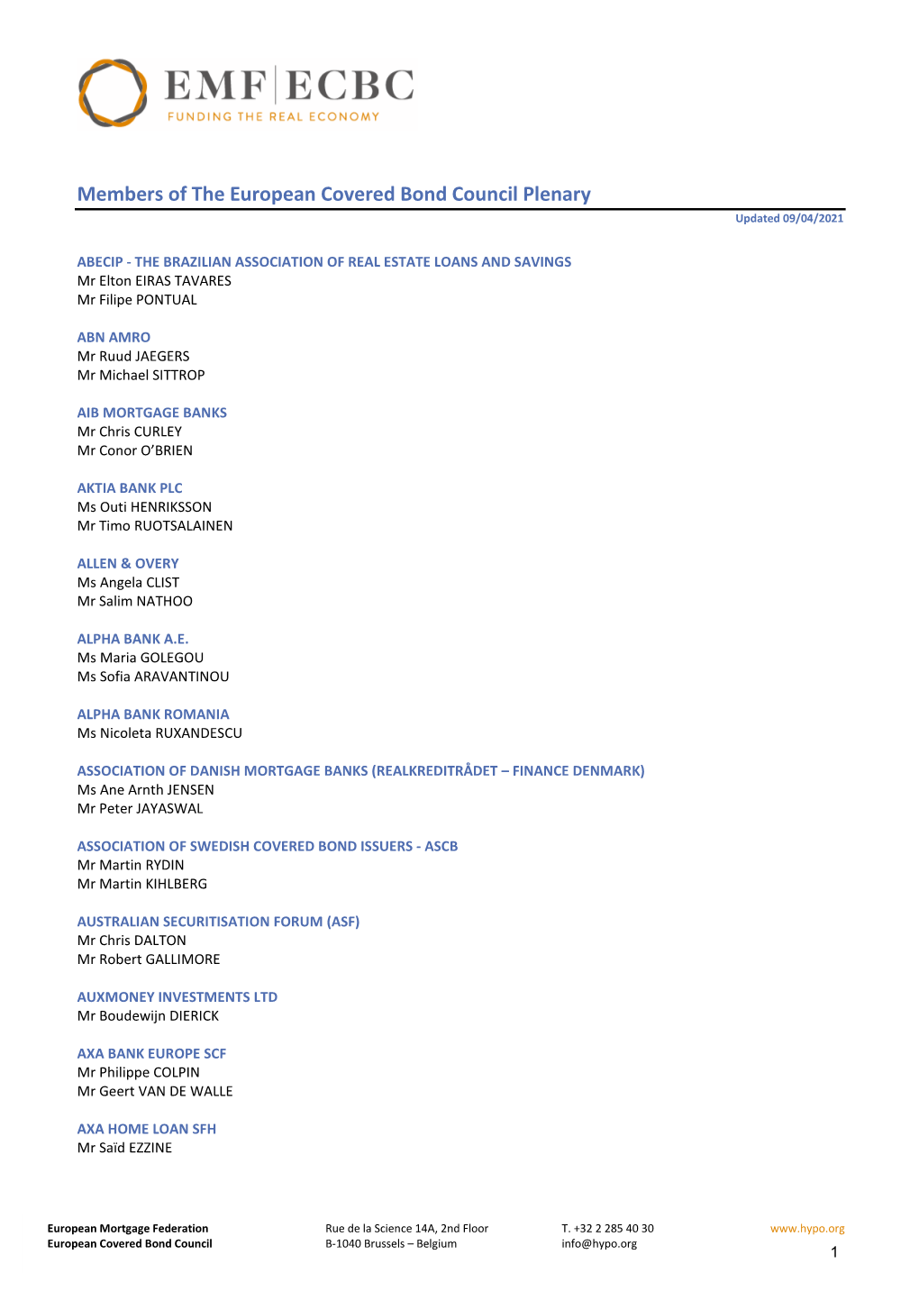 Members of the European Covered Bond Council Plenary Updated 09/04/2021