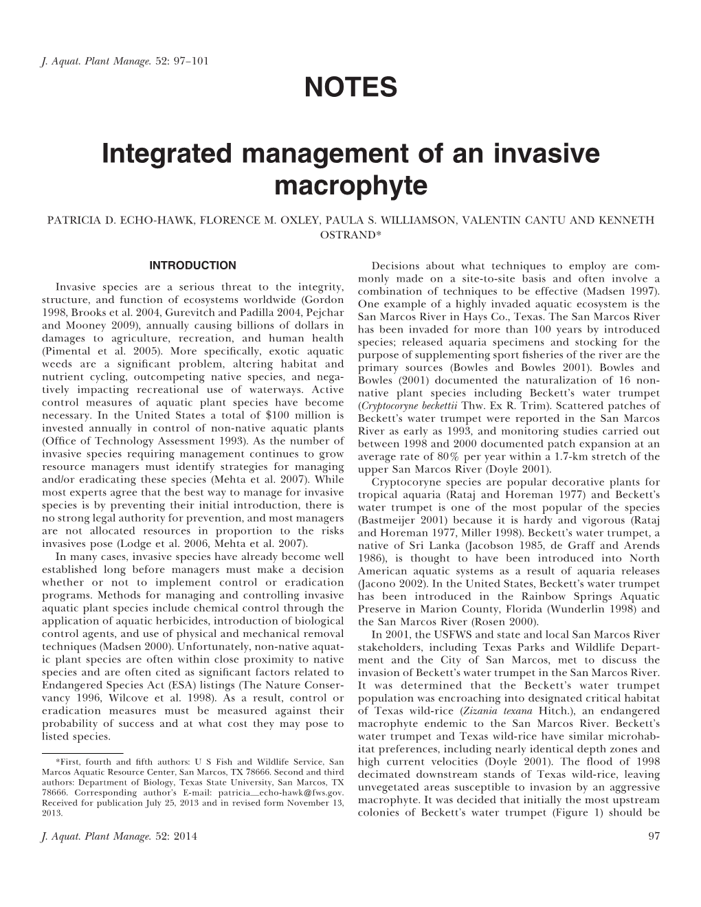 NOTES Integrated Management of an Invasive Macrophyte