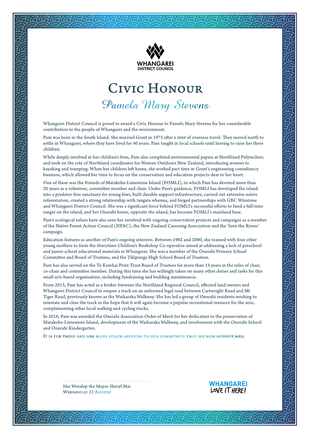 Civic Honour Pamela Mary Stevens