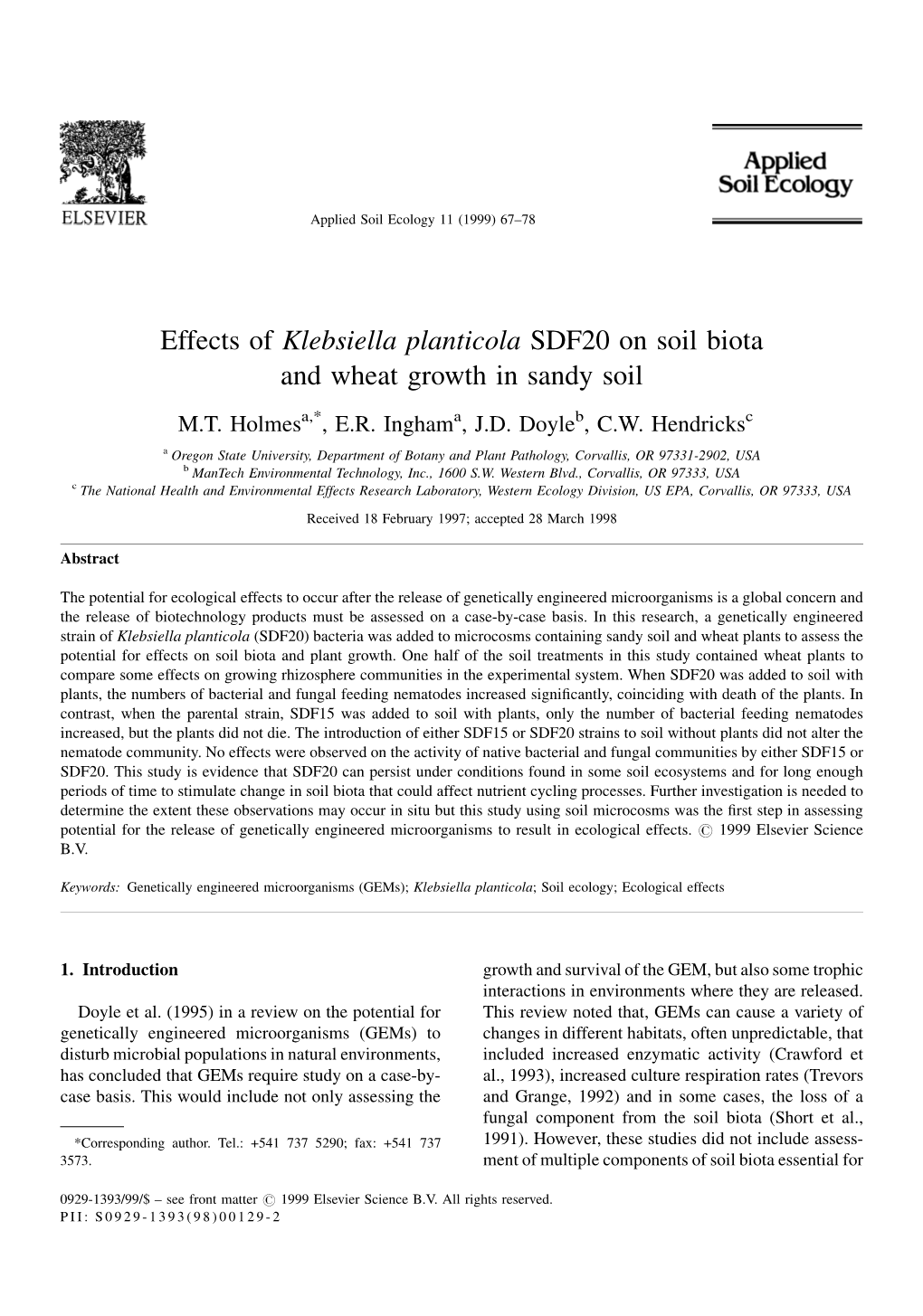 Effects of Klebsiella Planticola SDF20 on Soil Biota and Wheat Growth in Sandy Soil