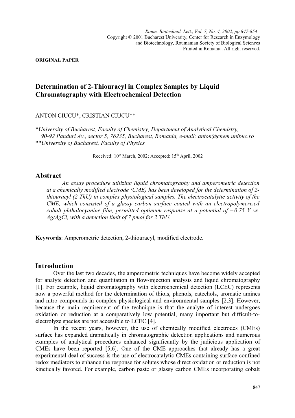 Determination of 2-Thiouracyl in Complex Samples by Liquid Chromatography with Electrochemical