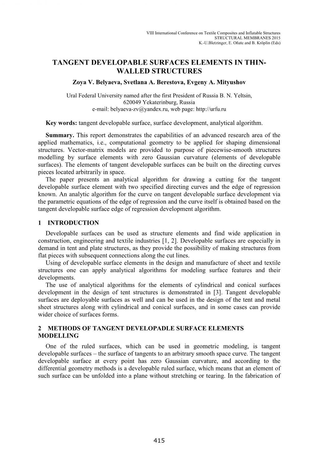 TANGENT DEVELOPABLE SURFACES ELEMENTS in THIN- WALLED STRUCTURES Zoya V