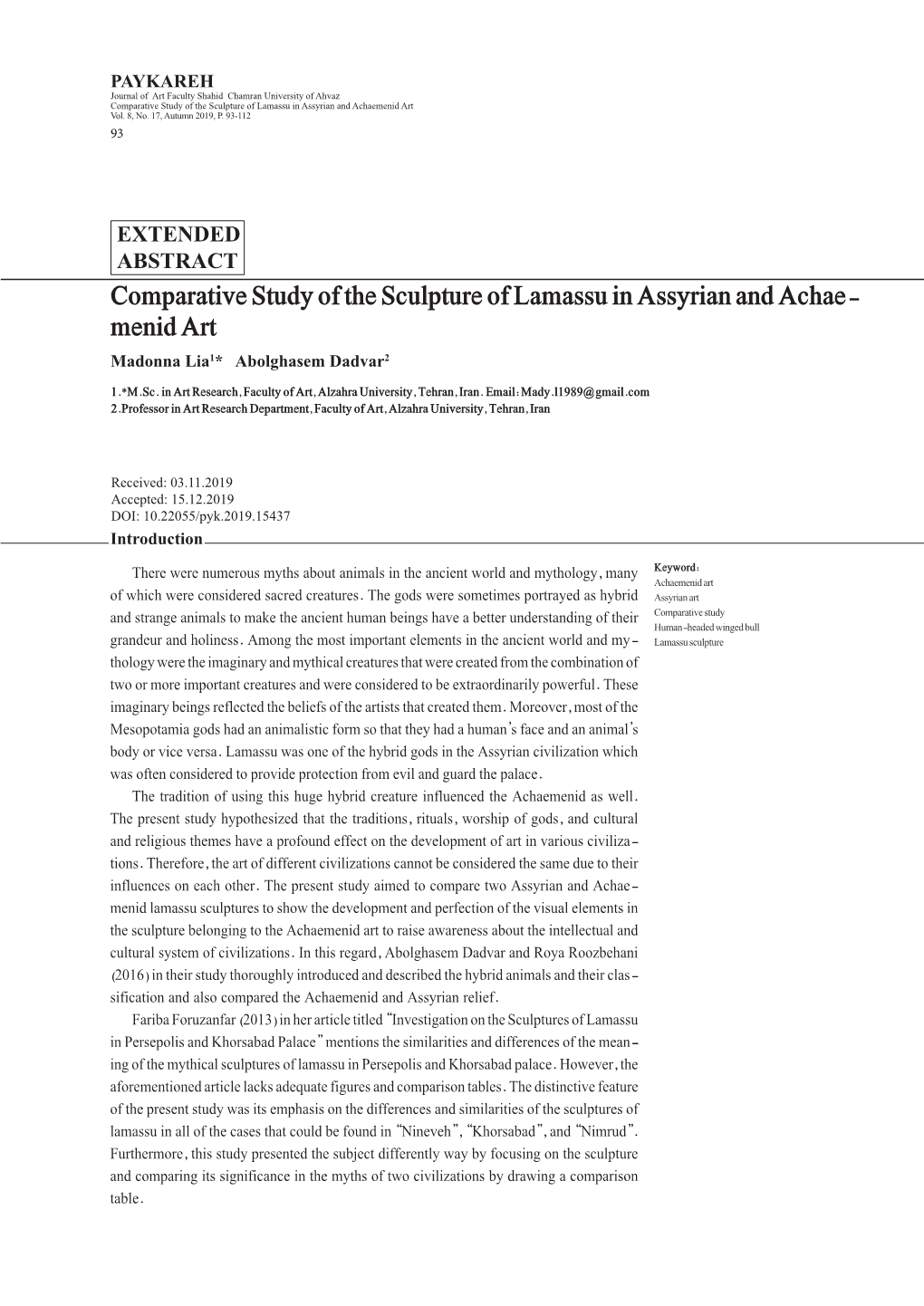 Comparative Study of the Sculpture of Lamassu in Assyrian and Achaemenid Art Vol