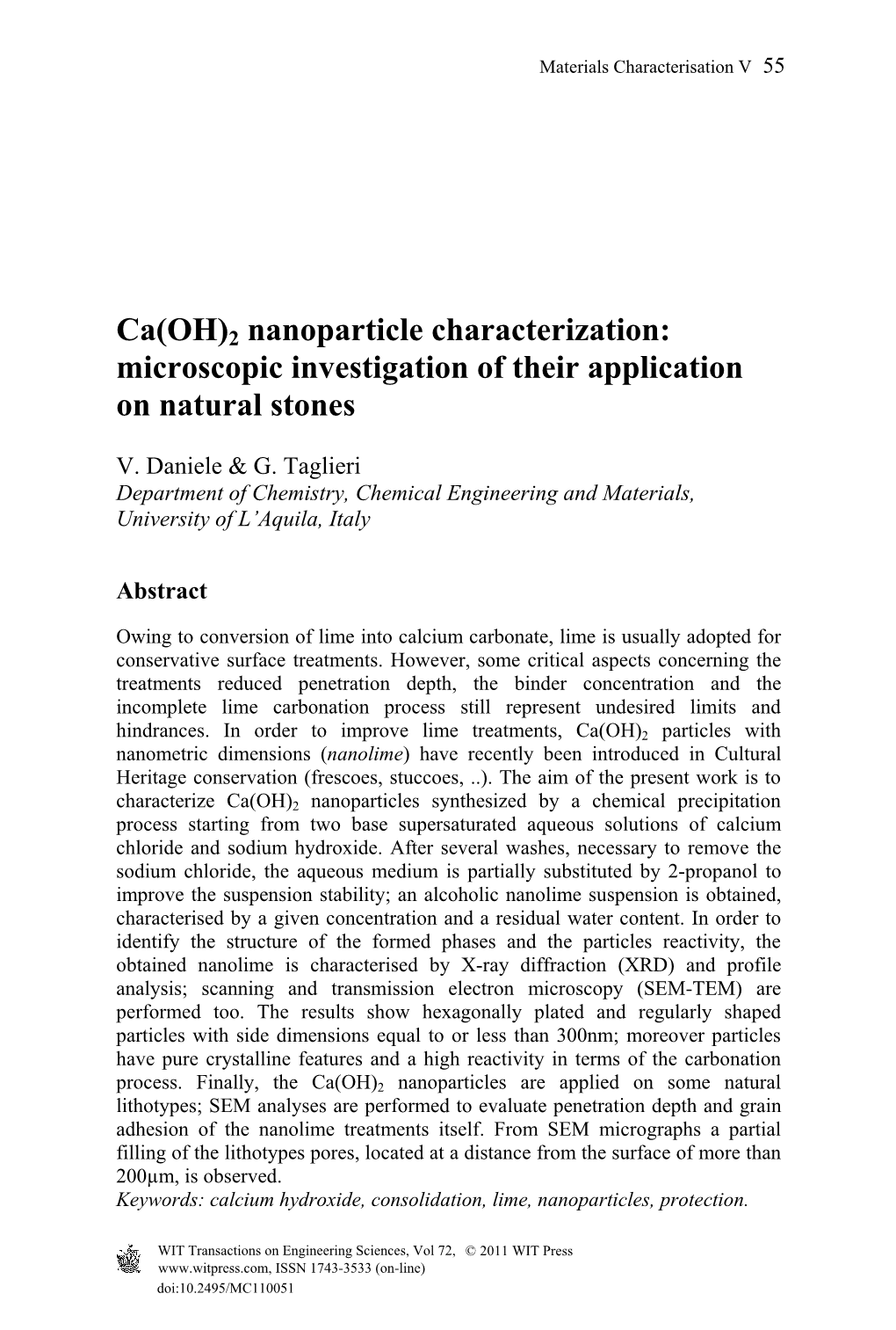 Ca(OH)2 Nanoparticle Characterization: Microscopic Investigation of Their Application on Natural Stones