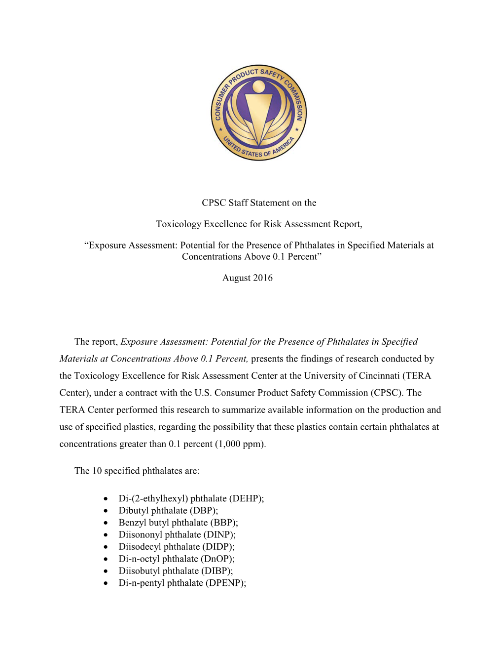 Exposure Assessment: Potential for the Presence of Phthalates in Specified Materials at Concentrations Above 0.1 Percent”