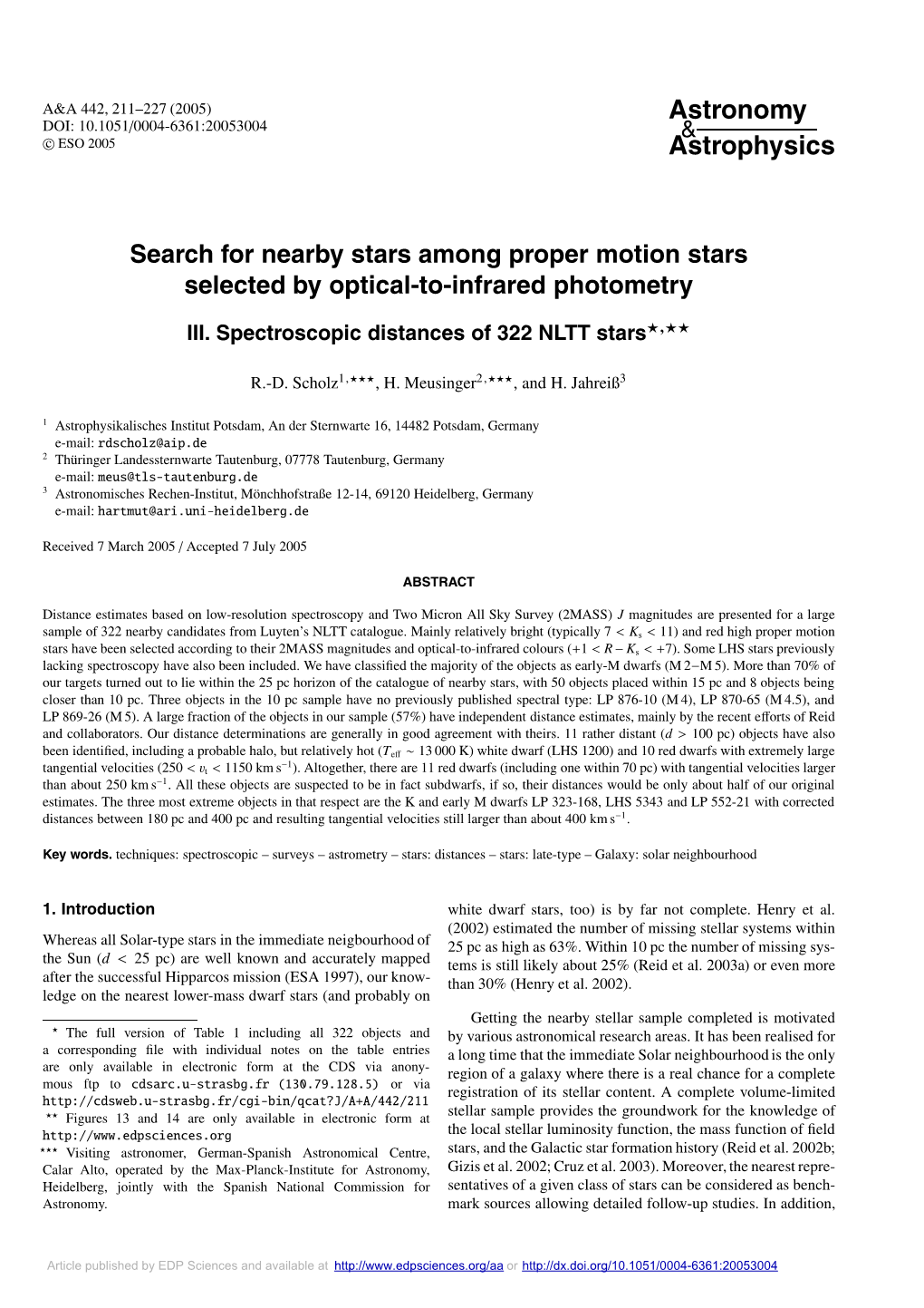 III. Spectroscopic Distances of 322 NLTT Stars�,