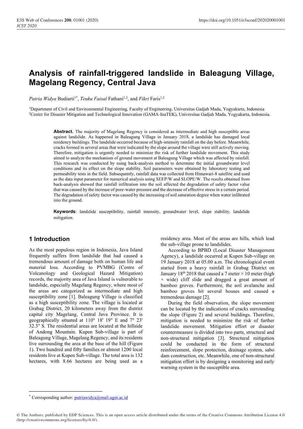 Analysis of Rainfall-Triggered Landslide in Baleagung Village, Magelang Regency, Central Java