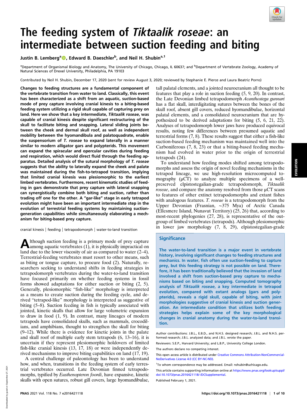 The Feeding System of Tiktaalik Roseae: an Intermediate Between Suction Feeding and Biting Downloaded by Guest on September 27, 2021 Pmx Pop AB 1 Cm Q