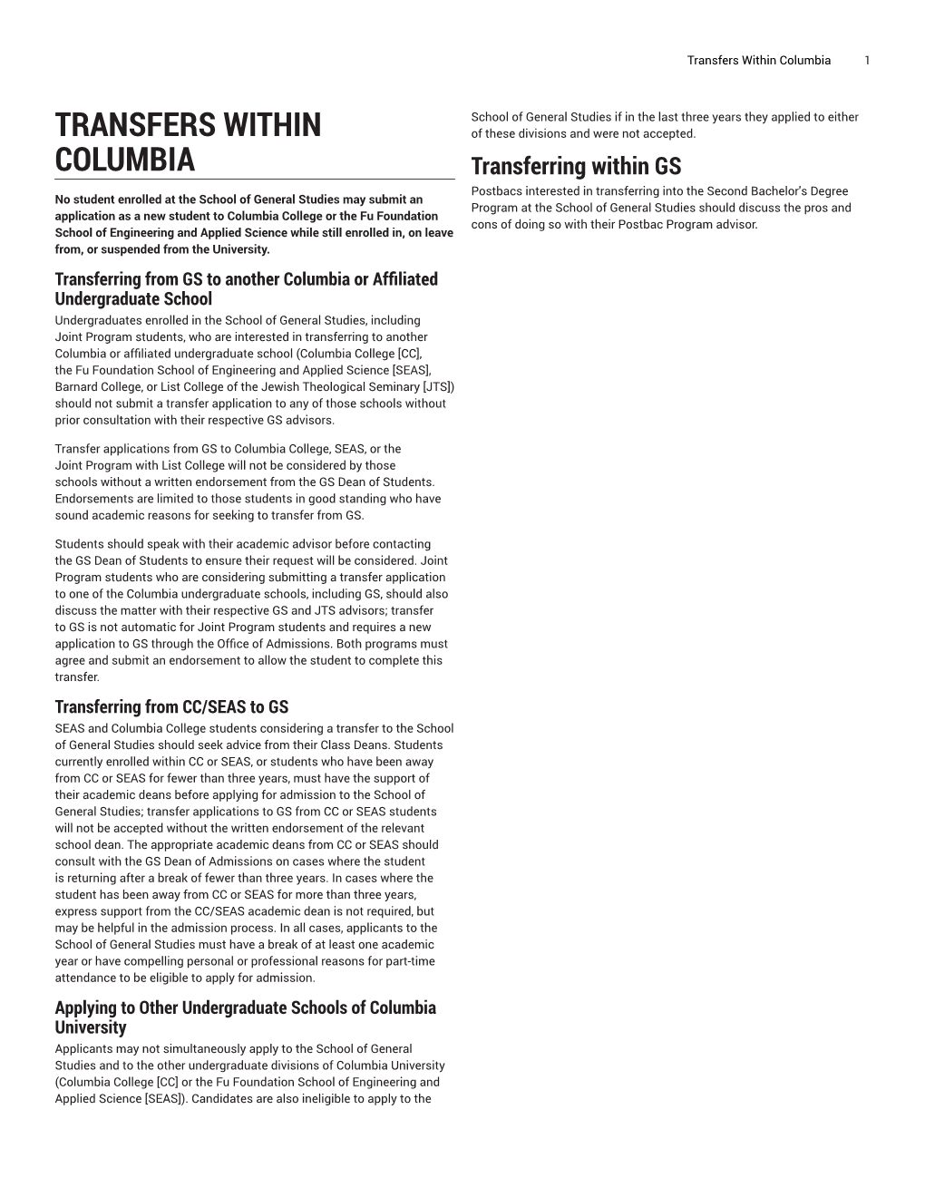 Transfers Within Columbia 1